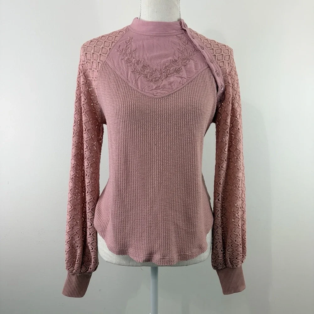Free People Pink Thermal‎ Lace Long Sleeve Top XS Boho Cottagecore
